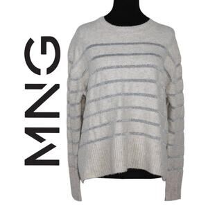 MNG Crewneck Sweater Cream with Metallic Silver Stripes Size US S/M